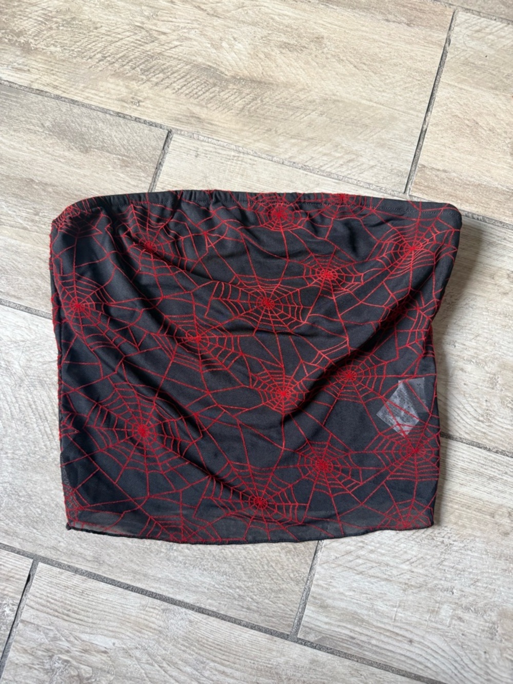 Primark Black Strapless Top with Red Spiderweb Detail